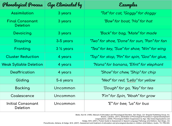 A chart listing various phonological processes, their developmental ages, and an example